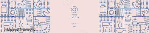 Hand drawn illustration of Bakery and Coffee. Icons. Abstract geometric line background. Gold luxury. Pattern for cover design, food package, menu, background, café wall, coffee shop, web banner