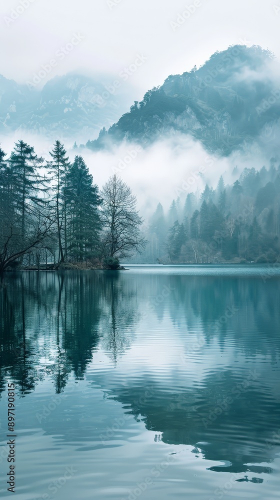 Misty morning over a still lake with forested mountain backdrop Misty morning over a still lake with forested mountain backdrop