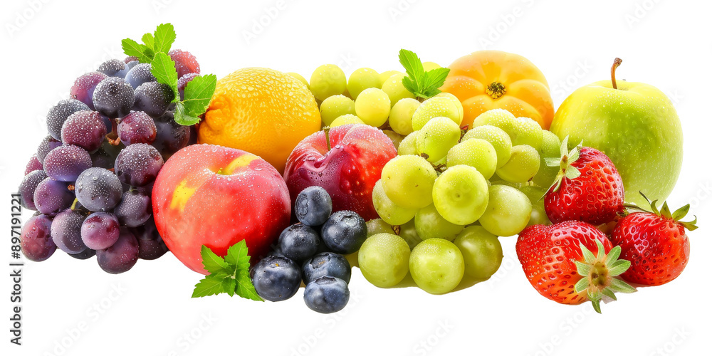 A bunch of fruit including apples, grapes, strawberries, and oranges A bunch of fruit including apples, grapes, strawberries, and oranges