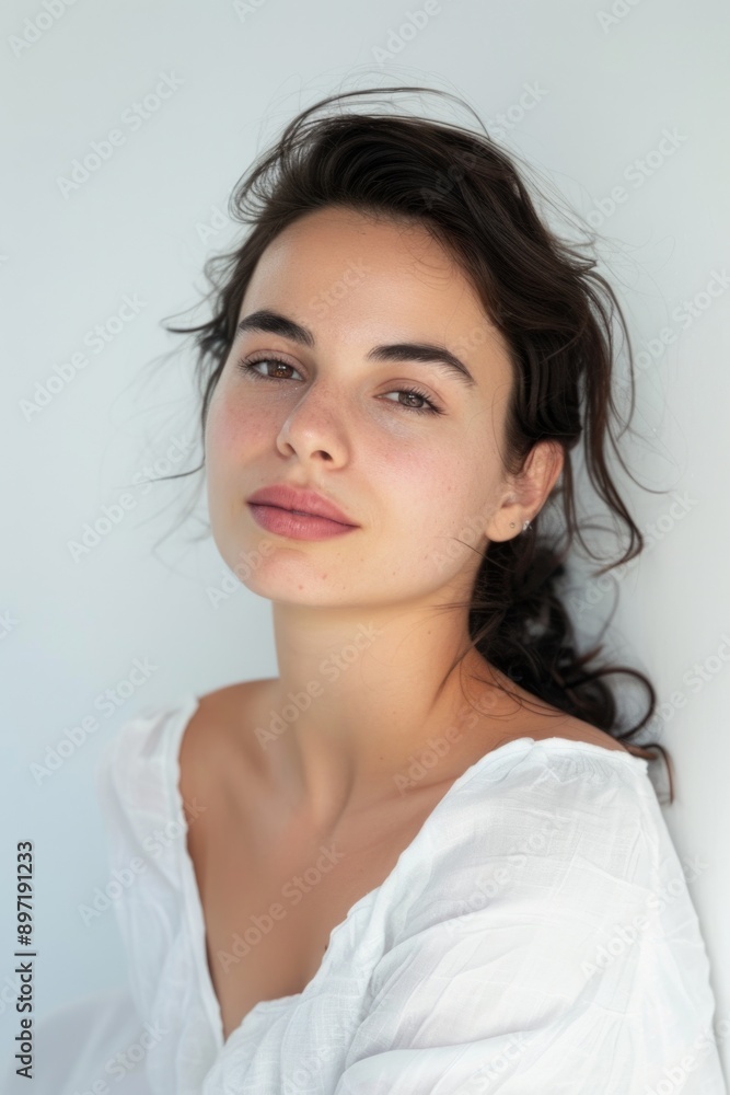 A woman with brown hair and a white shirt. She is wearing a necklace and has a pink lip color A woman with brown hair and a white shirt. She is wearing a necklace and has a pink lip color