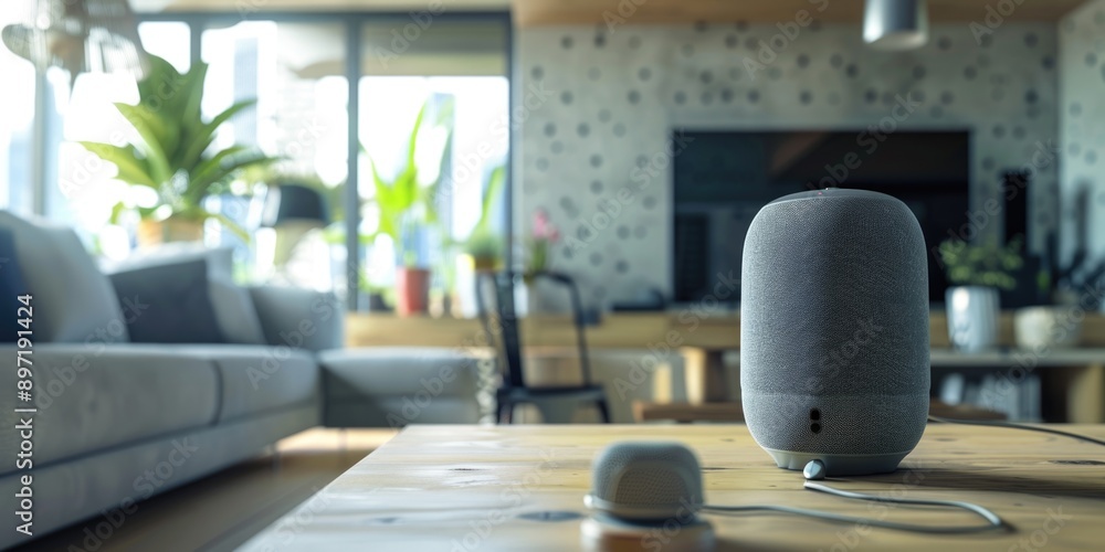 A stylish living room showcasing the integration of smart home technology, including a voice command device on a table in front of comfortable seating. A stylish living room showcasing the integration of smart home technology, including a voice command device on a table in front of comfortable seating.