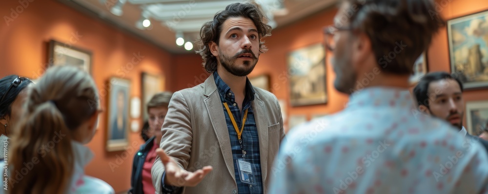 Tour guide leading a group through a museum Tour guide leading a group through a museum