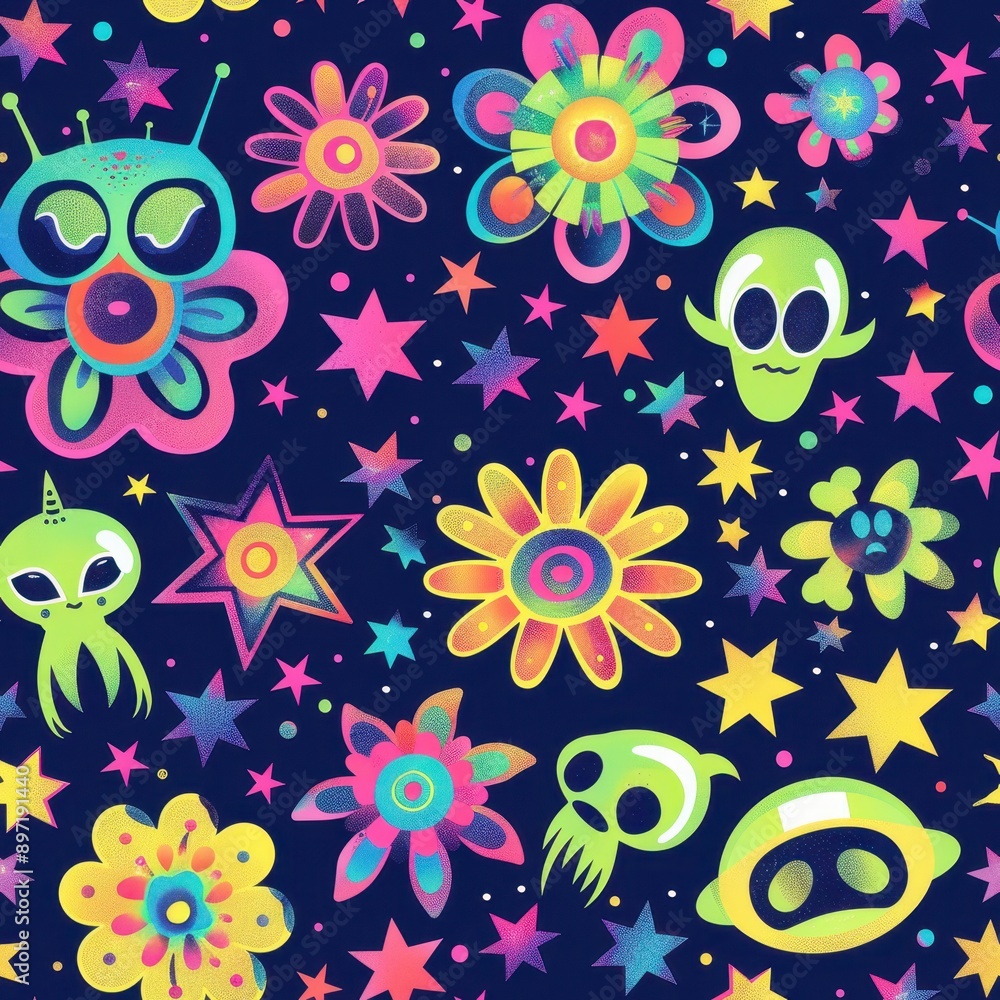 Vibrant Alien and Floral Space Pattern for Children's Apparel Vibrant Alien and Floral Space Pattern for Children's Apparel