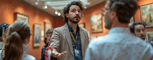 Tour guide leading a group through a museum