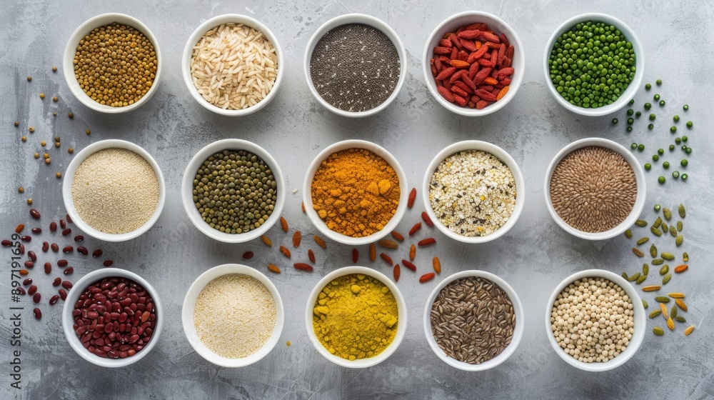A variety of spices and grains are displayed in white bowls on a counter. The bowls are arranged in a row, with some bowls containing more spices than others. The spices include black pepper, cumin A variety of spices and grains are displayed in white bowls on a counter. The bowls are arranged in a row, with some bowls containing more spices than others. The spices include black pepper, cumin