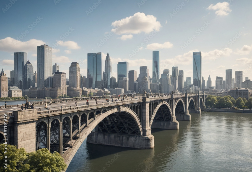 Historical bridge spanning across a river with a bustling city skyline. Historical bridge spanning across a river with a bustling city skyline.
