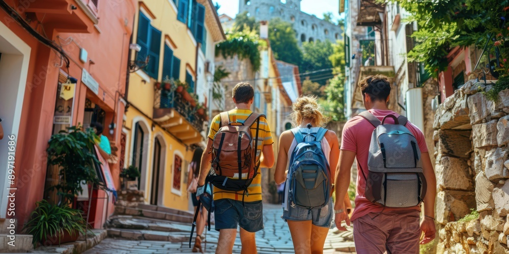 Tourists exploring a historic city center Tourists exploring a historic city center