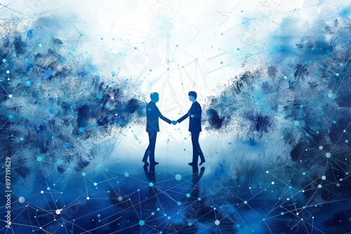 Two businessmen shaking hands, reaching an agreement or starting a partnership, surrounded by a network of connections