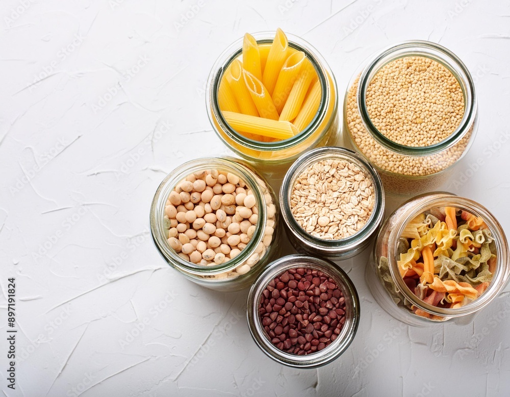 jars with cereals, pasta and beans from top. food storage, culinary and eating concept - close up of jars with different cereals, pasta and beans on white background, top view jars with cereals, pasta and beans from top. food storage, culinary and eating concept - close up of jars with different cereals, pasta and beans on white background, top view