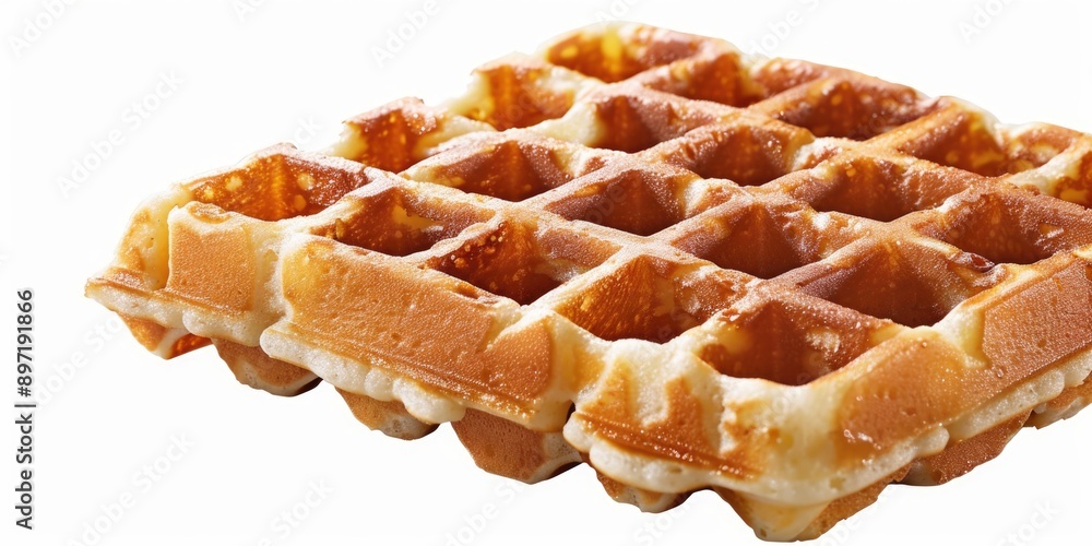 Close-up of golden brown belgian waffle slices with syrup drizzled on top, ready to be enjoyed. Close-up of golden brown belgian waffle slices with syrup drizzled on top, ready to be enjoyed.