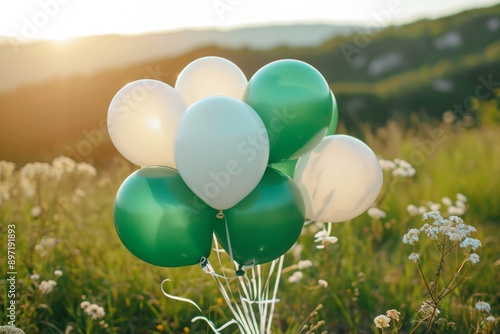 A collection of colorful balloons spread out over a lush green grassy area, Eco-friendly biodegradable balloons for a green birthday celebration, AI Generated photo