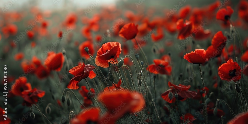 A serene field of vibrant red poppy flowers. A serene field of vibrant red poppy flowers.