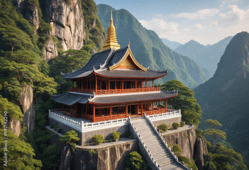 Peaceful Buddhist temple nestled amongst serene mountains in Southeast Asia. Peaceful Buddhist temple nestled amongst serene mountains in Southeast Asia.