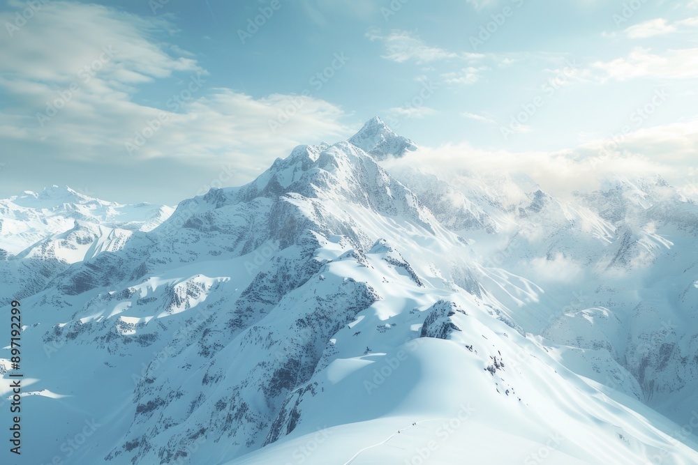 Obraz premium A person on a snowboard gliding down a snowy mountain, with a scenic view in the background