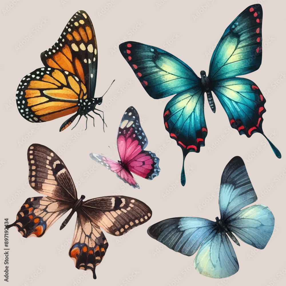 set with a variety of bright butterflies in a watercolor style set with a variety of bright butterflies in a watercolor style