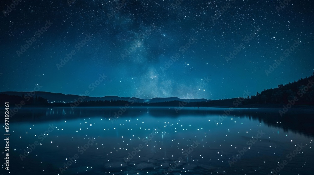 14 Starry night sky over a calm lake Reflection of the stars in the water