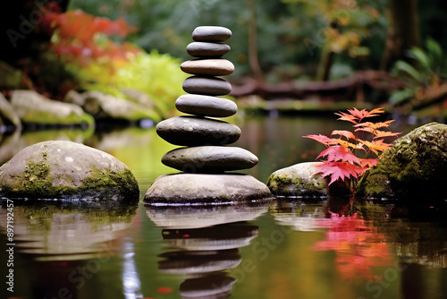 zen stones in the forest, zen concept, shallow depth of field
