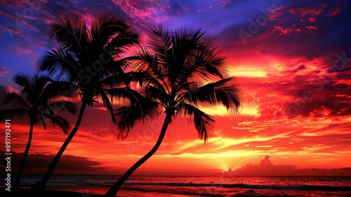 Vibrant Tropical Sunset with Silhouetted Palm Trees