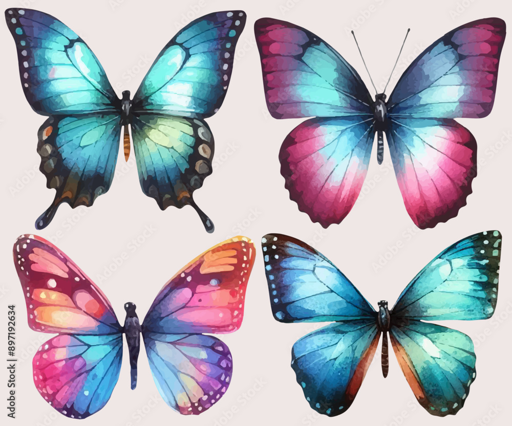 set with a variety of bright butterflies in a watercolor style set with a variety of bright butterflies in a watercolor style