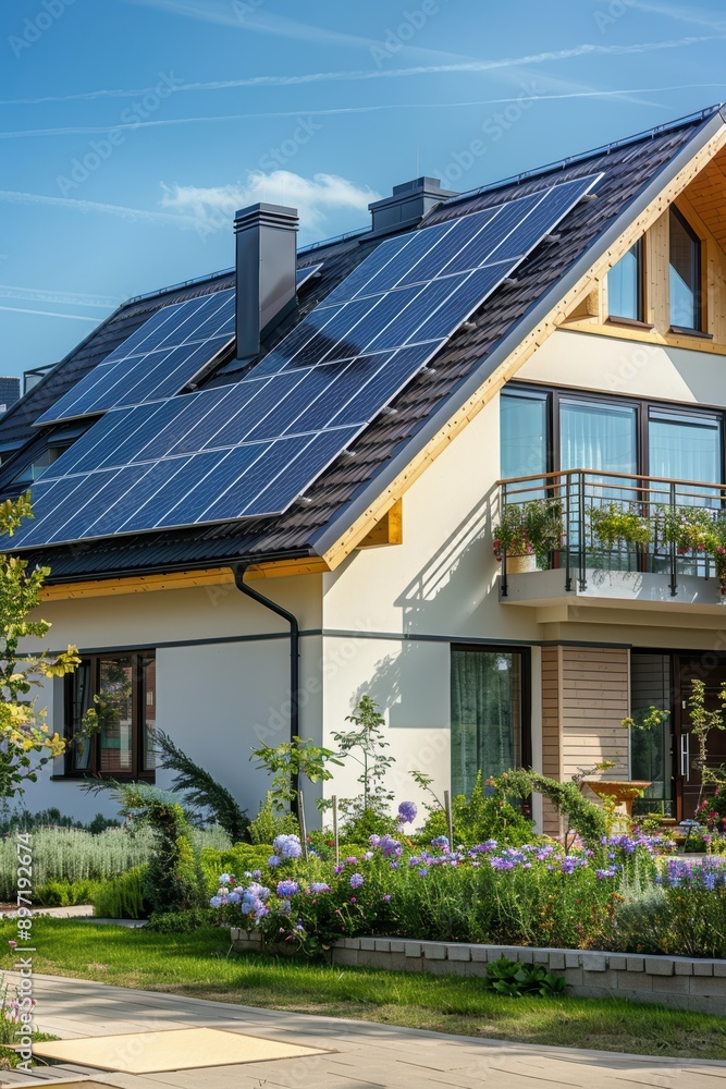 Solar panels on a house roof, highlighting clean energy solutionsStock market chart with upward trend, representing economic growth Solar panels on a house roof, highlighting clean energy solutionsStock market chart with upward trend, representing economic growth