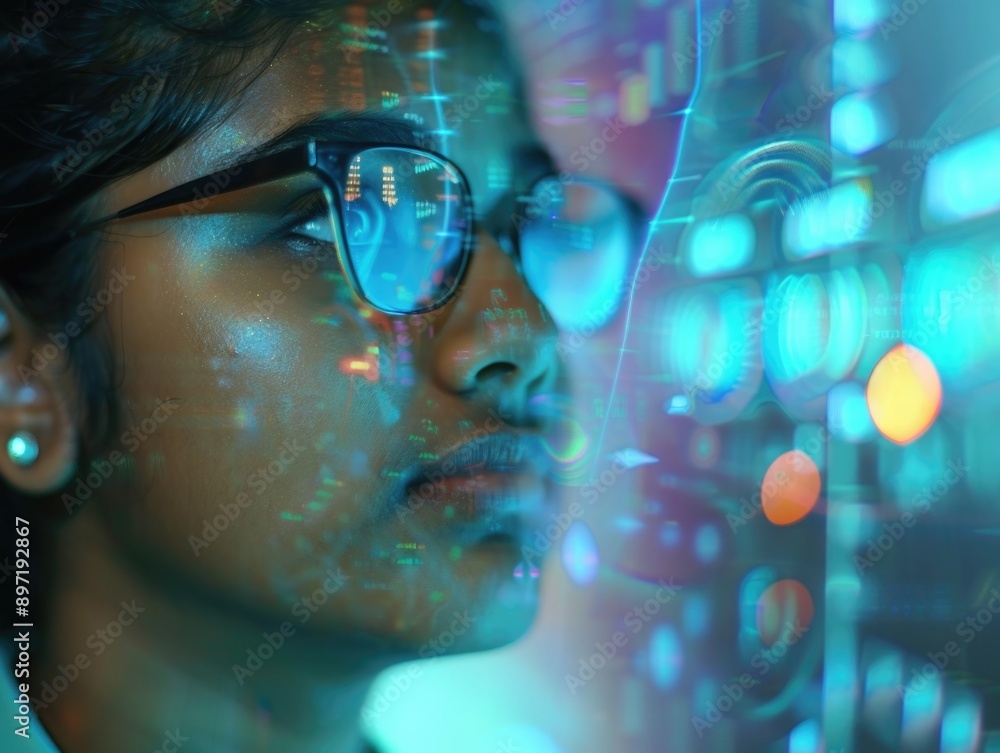 A woman wearing glasses examines a digital screen, suitable for technology-related or workplace scenarios A woman wearing glasses examines a digital screen, suitable for technology-related or workplace scenarios