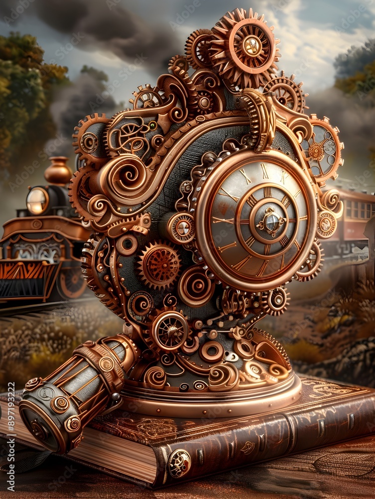 Fototapeta premium Antique Brass Steampunk Inhaler Resting on Leather Bound Book with Mystical Train in Distance
