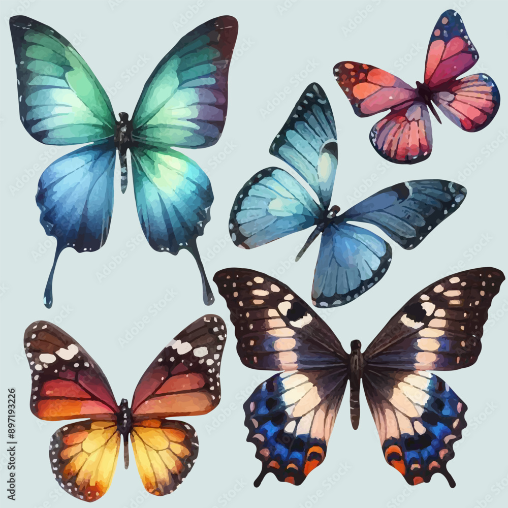 set with a variety of bright butterflies in a watercolor style set with a variety of bright butterflies in a watercolor style
