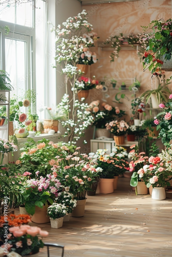 Indoor garden paradise with lush flowers and hanging plants Indoor garden paradise with lush flowers and hanging plants