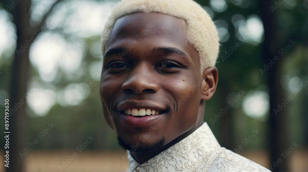 Portrait of handsome African American male albino model, white Afro, fashion and lifestyle, diversity, people background