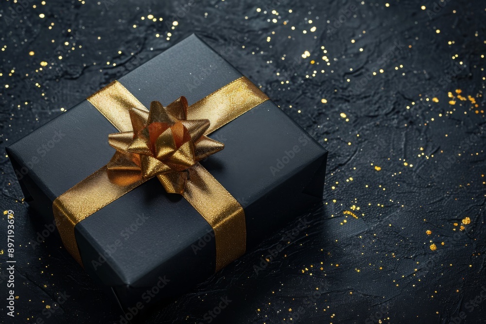 A black gift box with a shimmering gold bow sits on a table, ready to be opened, Elegant black gift box with gold ribbon, AI Generated A black gift box with a shimmering gold bow sits on a table, ready to be opened, Elegant black gift box with gold ribbon, AI Generated