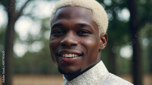 Obraz na płótnie Portrait of handsome African American male albino model, white Afro, fashion and lifestyle, diversity, people background w salonie