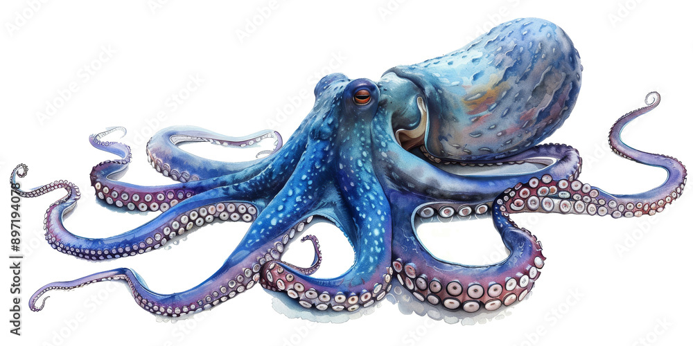 Obraz premium A blue octopus is laying on its back with its mouth open