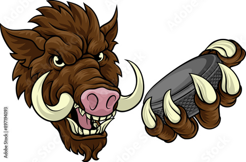 A wild boar, hog razorback warthog pig hockey sports cartoon mascot