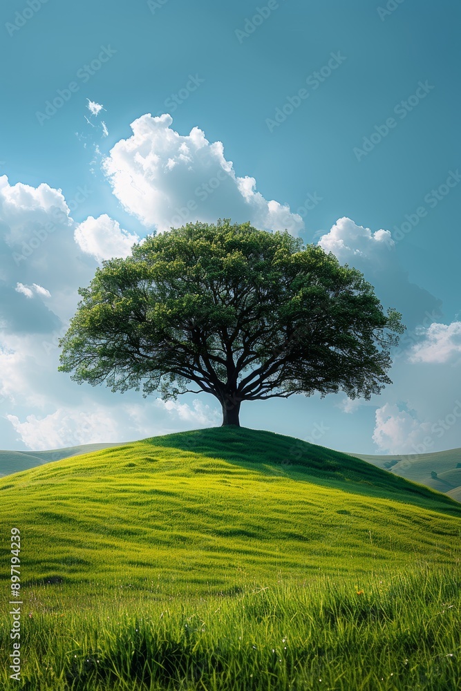 A solitary tree stands atop a lush green hill under a clear blue sky with puffy clouds. The serene landscape exudes peace and tranquility. A solitary tree stands atop a lush green hill under a clear blue sky with puffy clouds. The serene landscape exudes peace and tranquility.