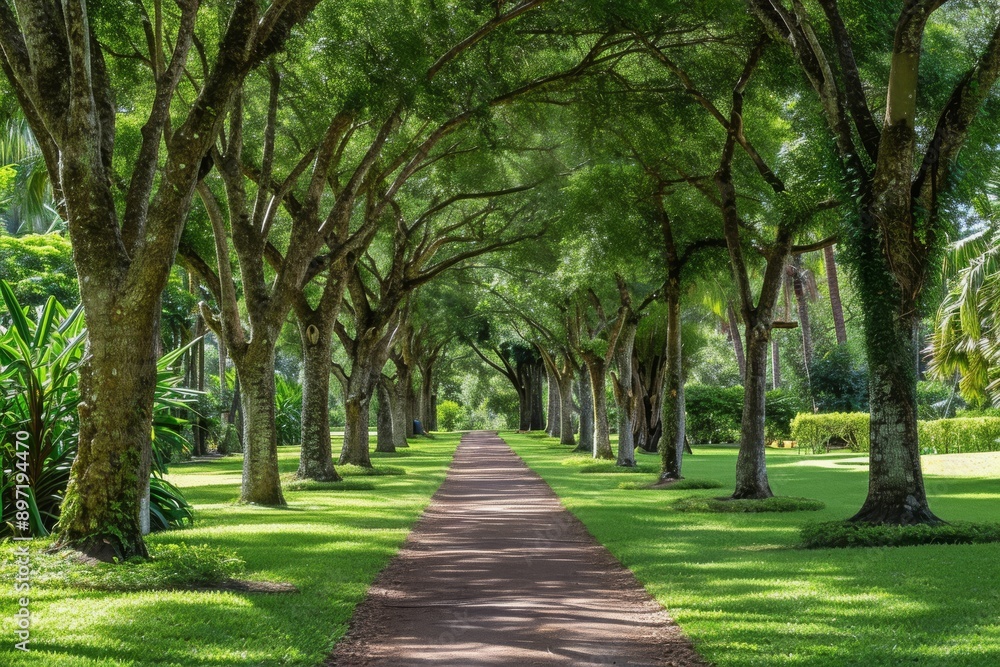 A pathway, bordered by trees, stretches through a vibrant green park, Elegant tree alley featuring diverse species in a botanical park, AI Generated A pathway, bordered by trees, stretches through a vibrant green park, Elegant tree alley featuring diverse species in a botanical park, AI Generated