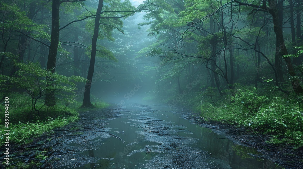 Obraz premium A foggy forest scene depicting a water-covered ground, surrounded by lush greenery and tall, spindly trees, offering an ethereal and mystical atmosphere.