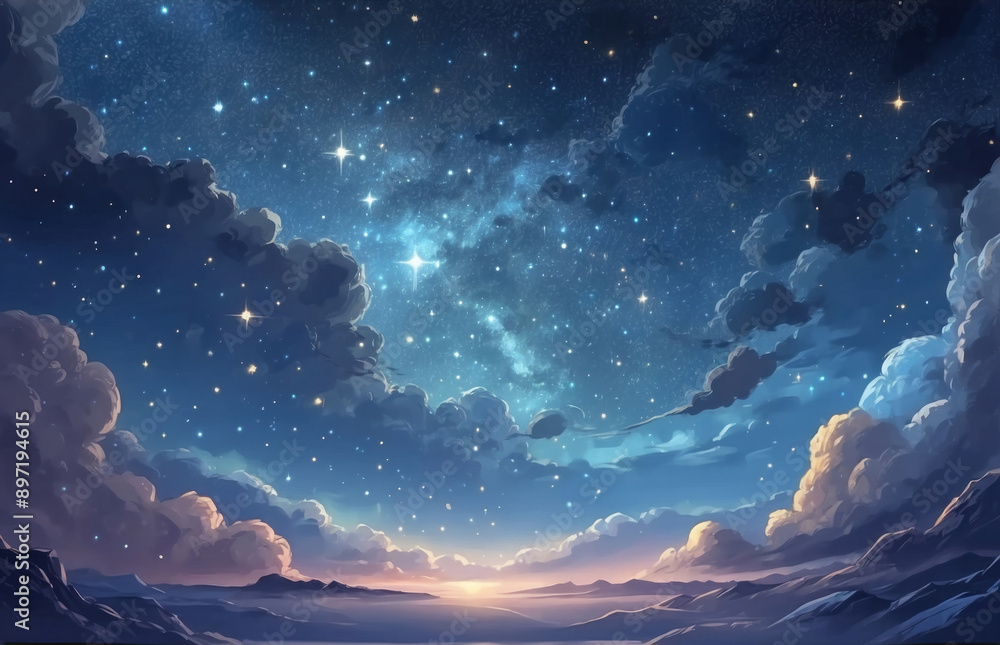 Fototapeta premium Illustration of a night starry sky in cartoon style, with bright stars and planets on a dark background, creating a magical mood