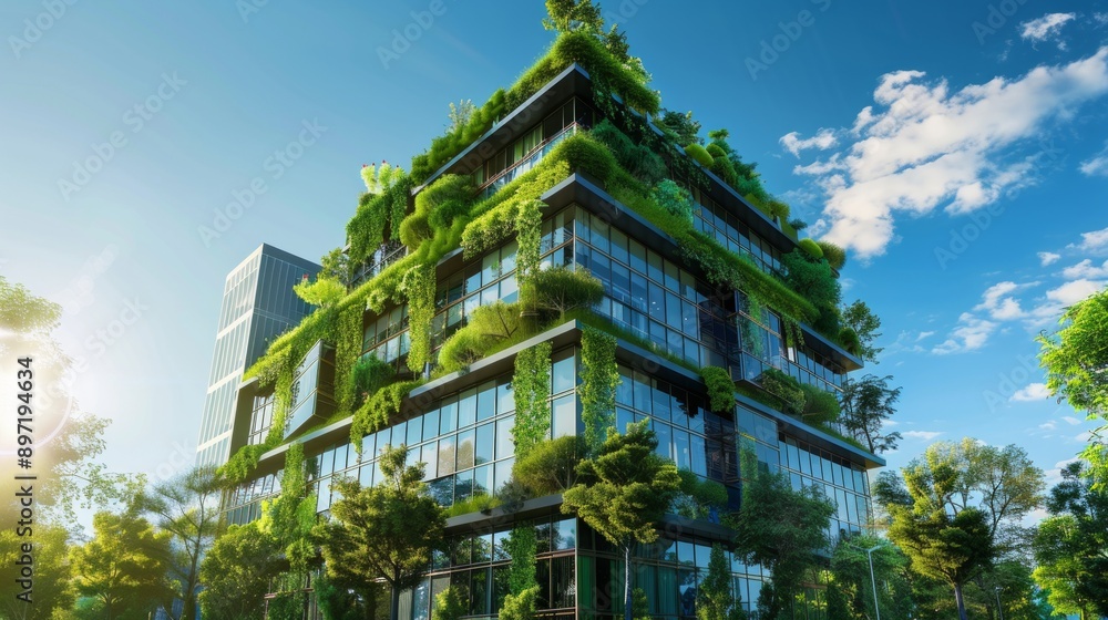 Eco-friendly glass office featuring sustainable building with green environment and trees. Green environment in city Eco-friendly glass office featuring sustainable building with green environment and trees. Green environment in city