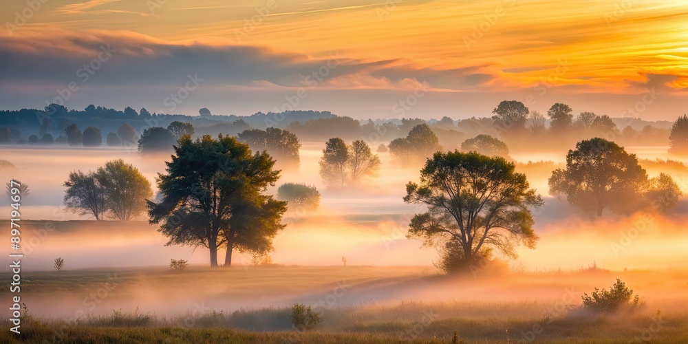 Trees shrouded in morning fog at sunrise in Podlasie, creating a mystical and atmospheric scene , nature, spring, foggy Trees shrouded in morning fog at sunrise in Podlasie, creating a mystical and atmospheric scene , nature, spring, foggy