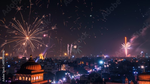 Fireworks exploding over jaipur city skyline at night during diwali festival in rajasthan, india