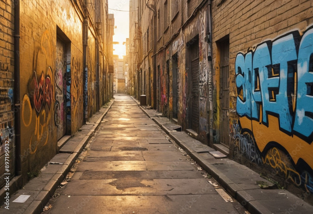 Fototapeta premium Graffiti-covered alleyway bathed in golden light at sunset. 