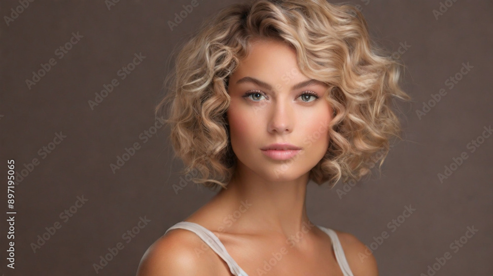 Studio portrait of gorgeous female model with fresh glowy skin and voluminous well defined healthy curly hair Studio portrait of gorgeous female model with fresh glowy skin and voluminous well defined healthy curly hair