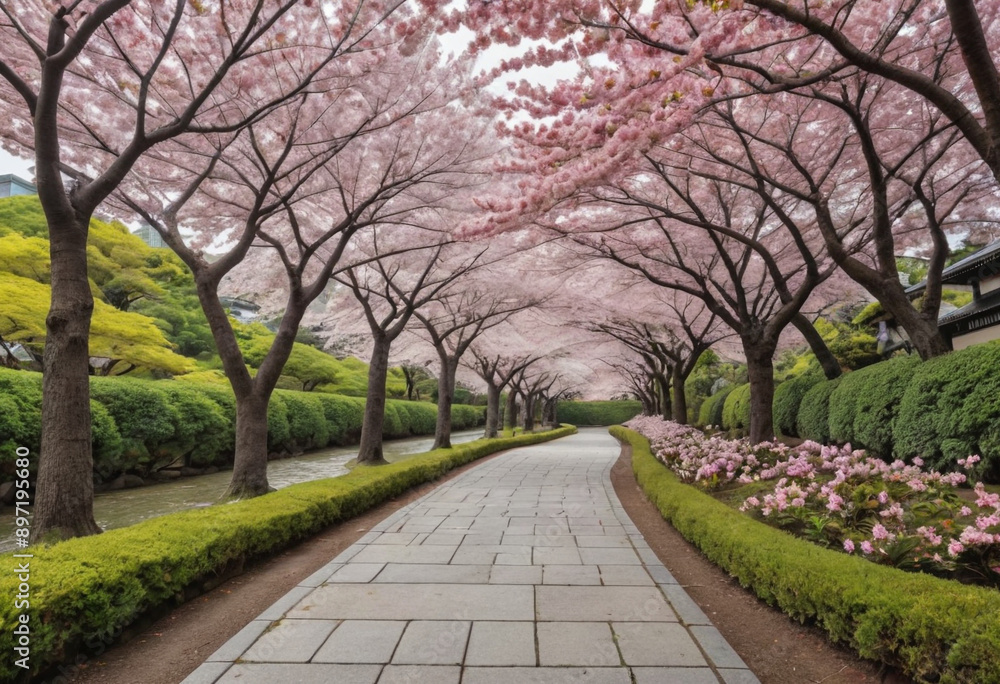 The iconic cherry blossom trees blooming along a path in a Japanese garden. The iconic cherry blossom trees blooming along a path in a Japanese garden.