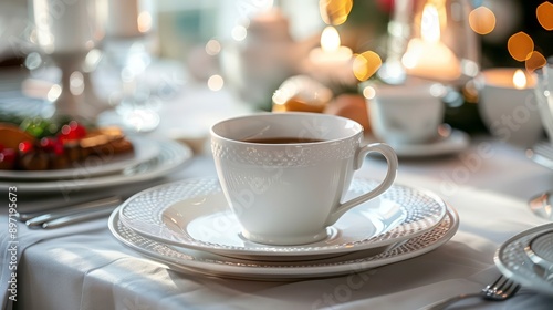 A white dining table featuring a central cup of coffee and a meal plate positioned around it, offering a clean, minimalist dining scene.