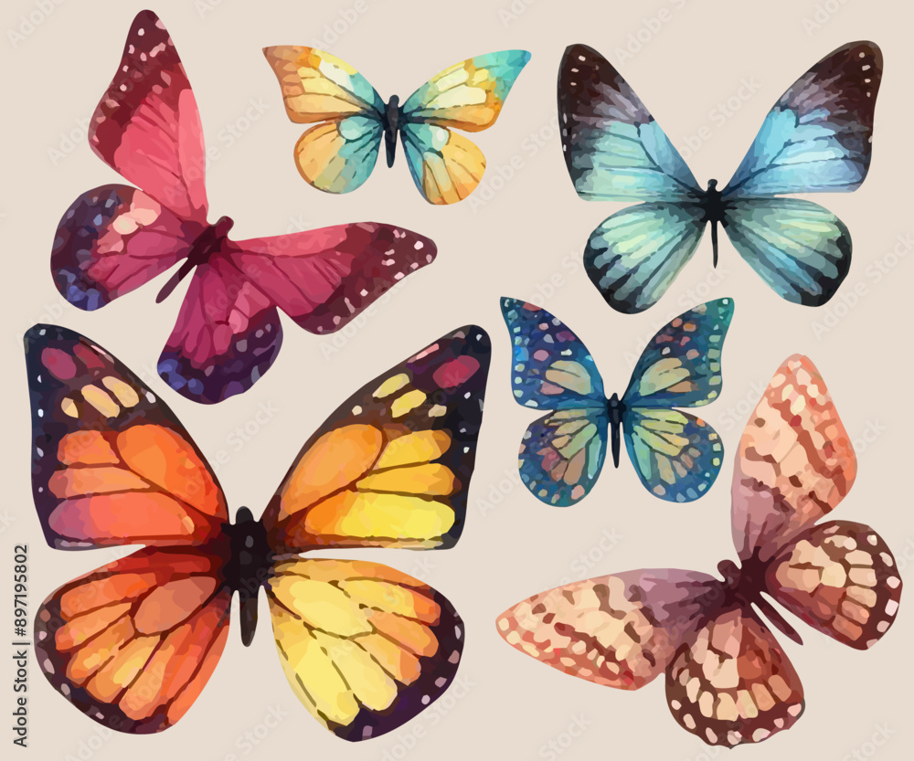Fototapeta premium set with a variety of bright butterflies in a watercolor style