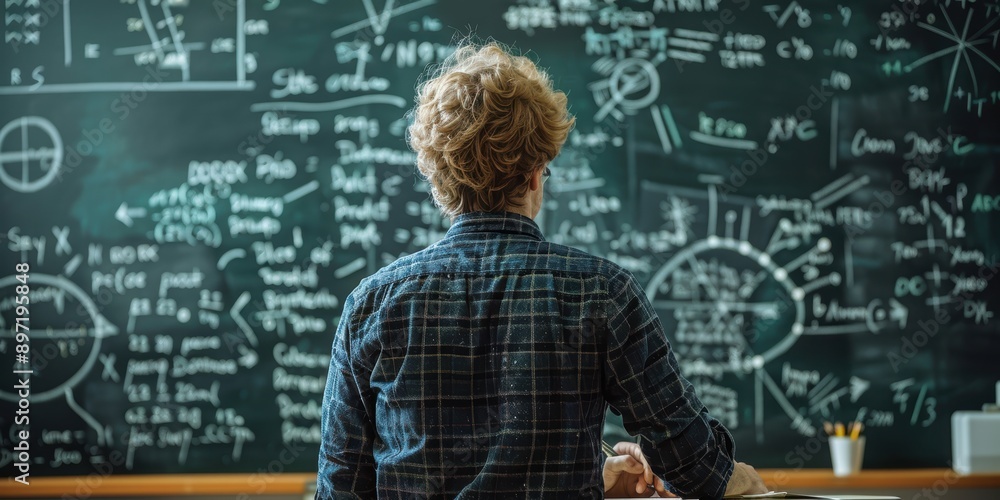 Physicist working on equations on a chalkboard Physicist working on equations on a chalkboard