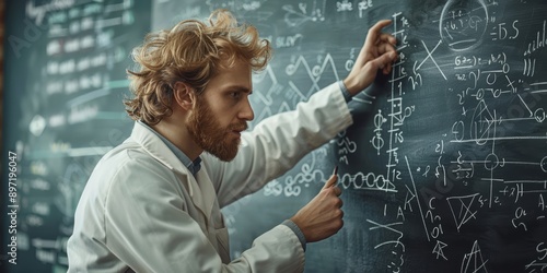 Physicist working on equations on a chalkboard