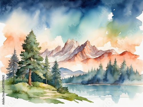 A minimalist watercolor landscape with mountains and forest, conveying the harmony of nature and the tranquility of a secluded place