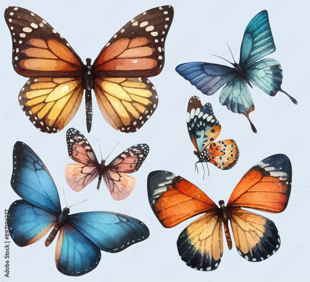 set with a variety of bright butterflies in a watercolor style set with a variety of bright butterflies in a watercolor style