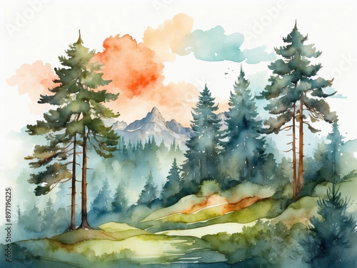 A minimalist watercolor landscape with mountains and forest, conveying the harmony of nature and the tranquility of a secluded place